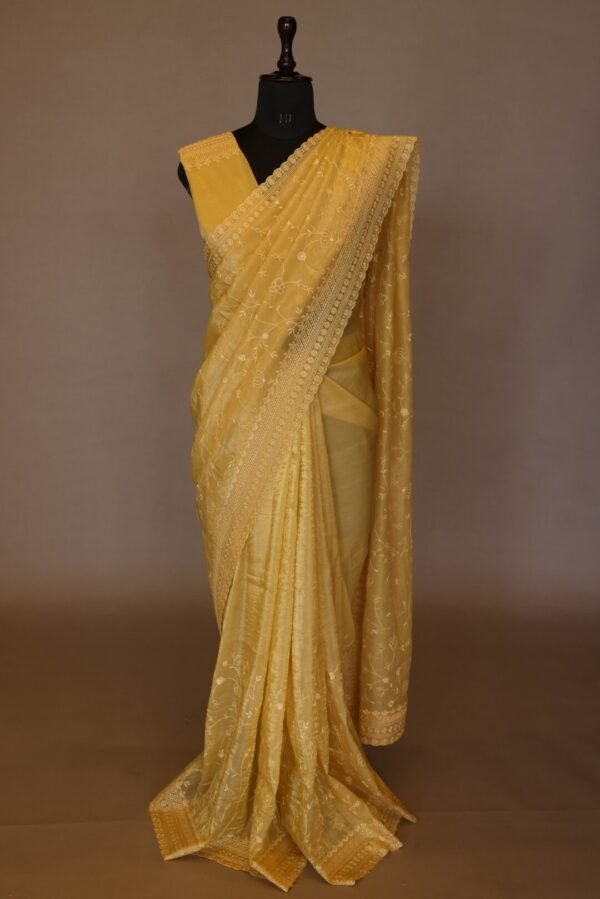 Thread Work Yellow Organza Saree