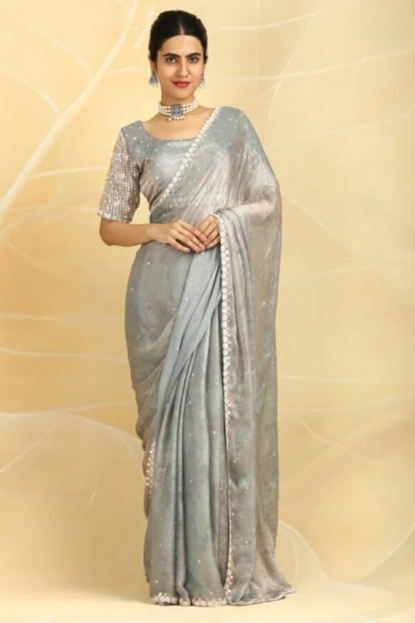 Bluish Grey Colour Tissue Saree with Ready-Made  Blouse