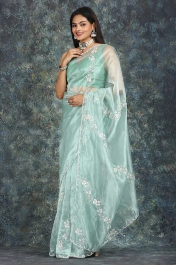 Pista Mist Pearl Work Organza Saree