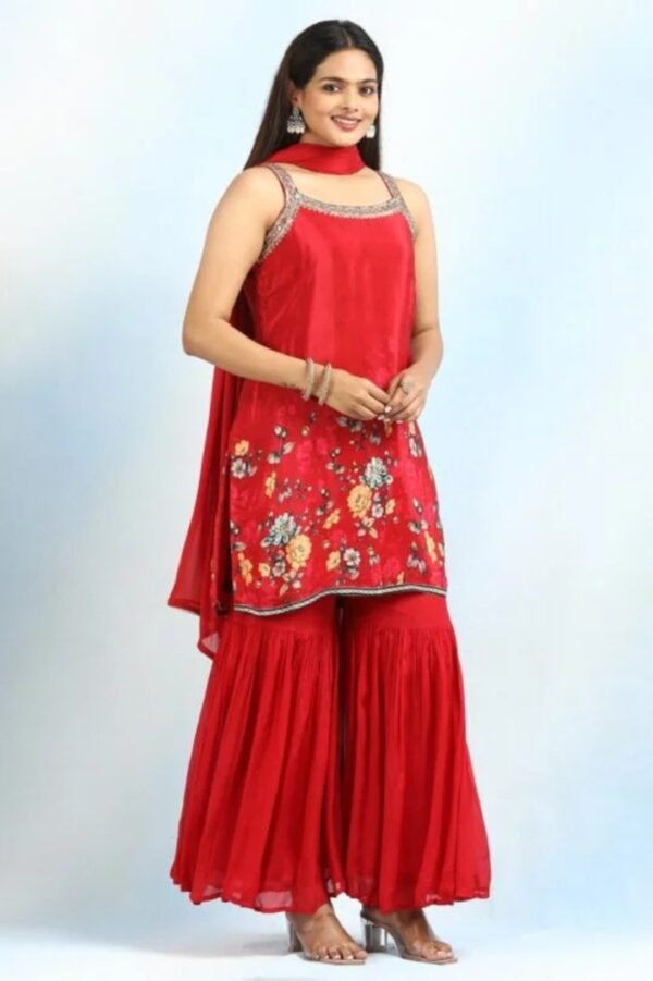 Scarlet Satin Sleeveless Gharara Set
