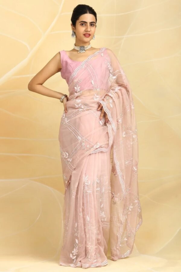 Blush Pink Party Wear Organza Saree